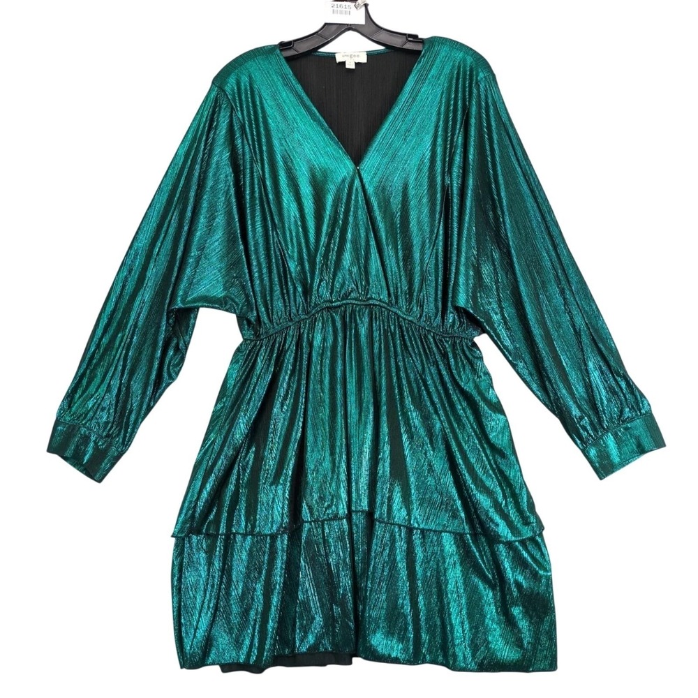 Umgee Black Green Metallic Tiered Mini Dress Sz M Dolman Slv Cocktail Party Glam